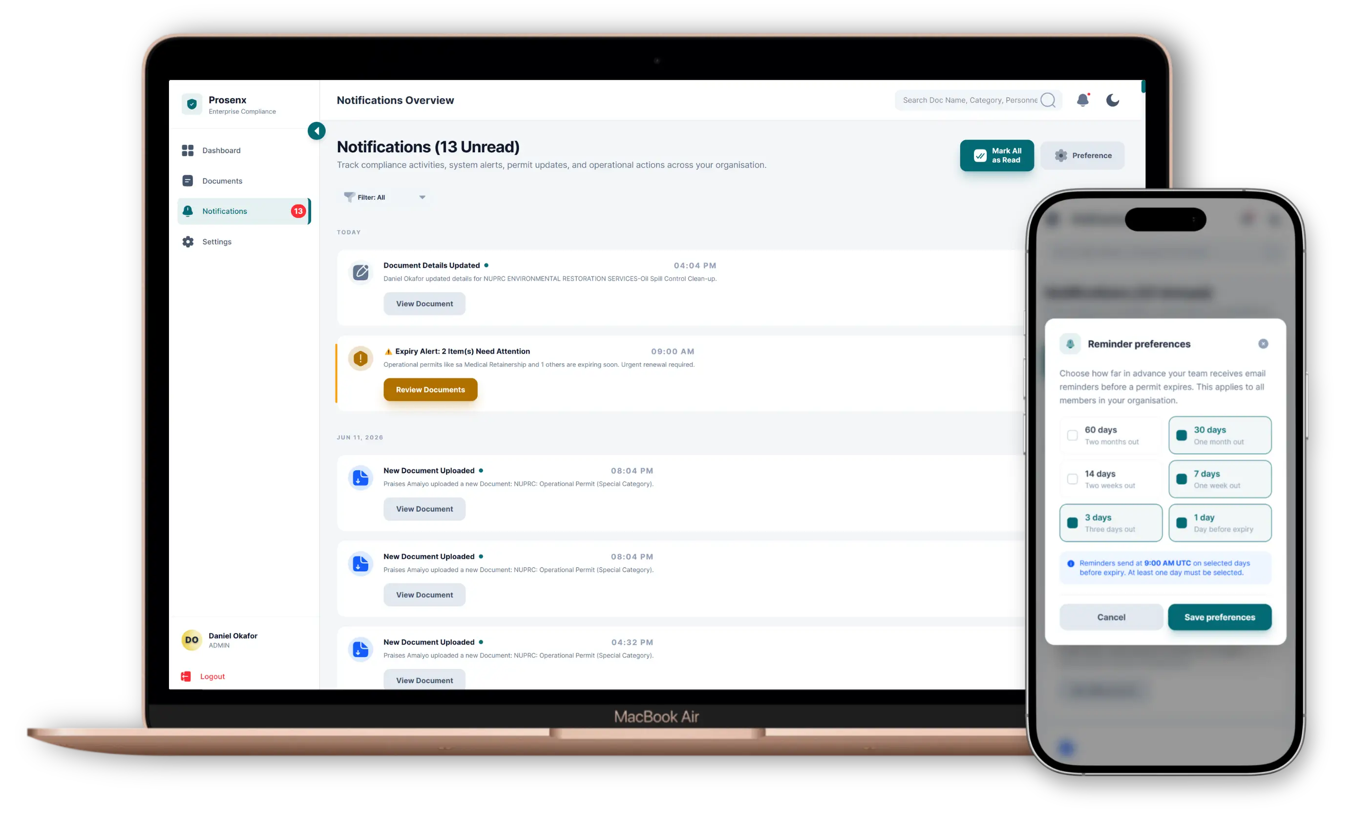 Prosenx alerts and notifications